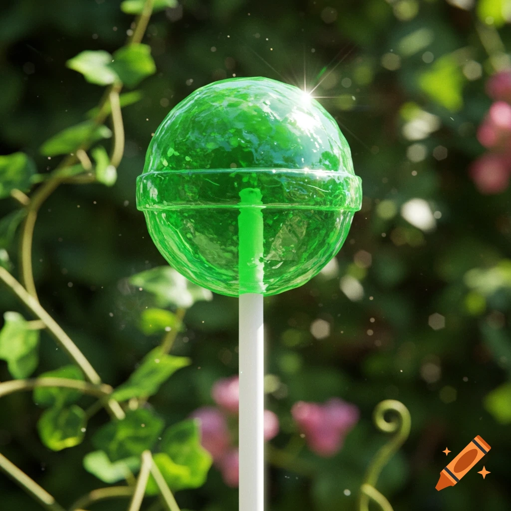 A shiny green lollipop on a white stick, set against a blurred green garden background with light sparkles.
