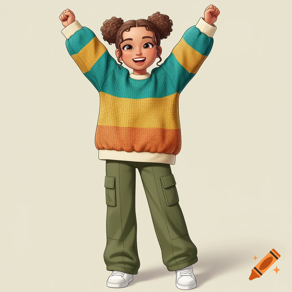A cheerful cartoon girl with two curly buns, wearing a multicolored striped sweater and green cargo pants, raises her arms in joy.