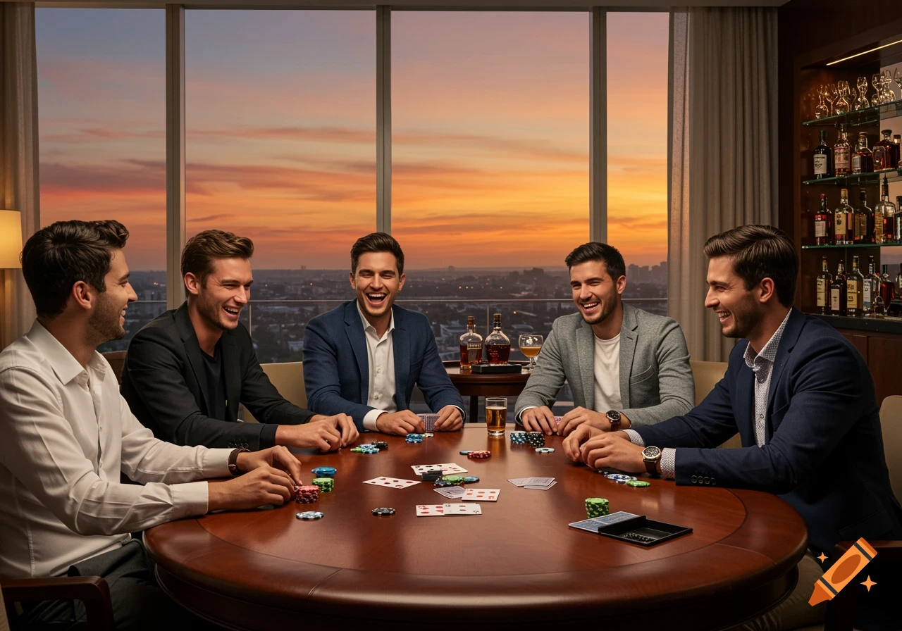 Five men laugh while playing poker at a round table in a high-rise hotel room with a sunset view and a bar.