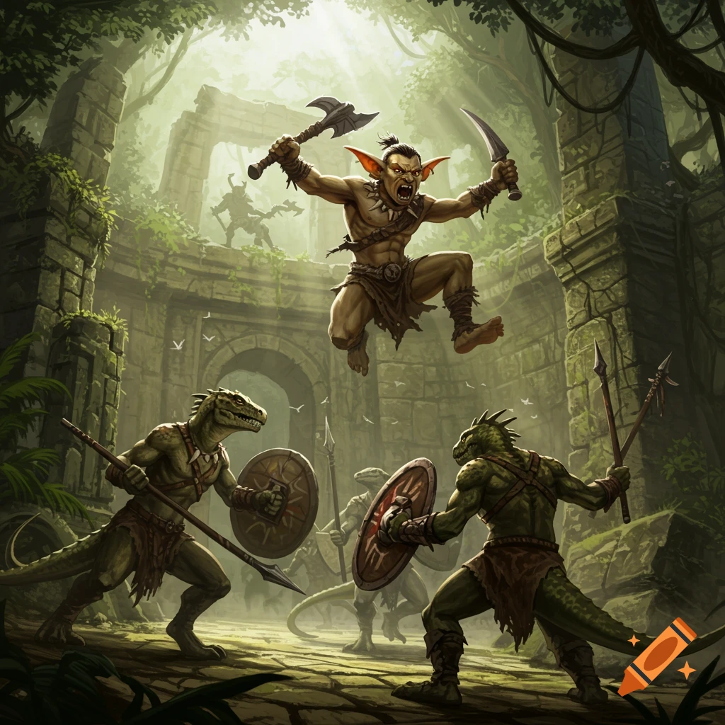 A goblin warrior leaps mid-air with an axe and dagger, attacking lizardfolk warriors with spears and shields in a ruined jungle temple.