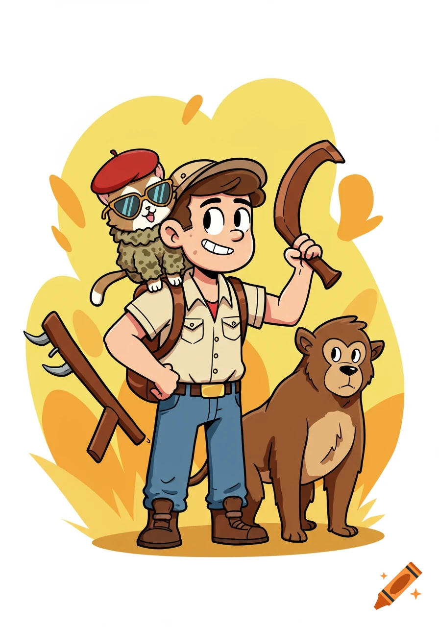A cartoon boy explorer with a cat in a ghillie suit and sunglasses on his shoulder, and a monkey standing beside him, holding a xistera, in a clip art style.