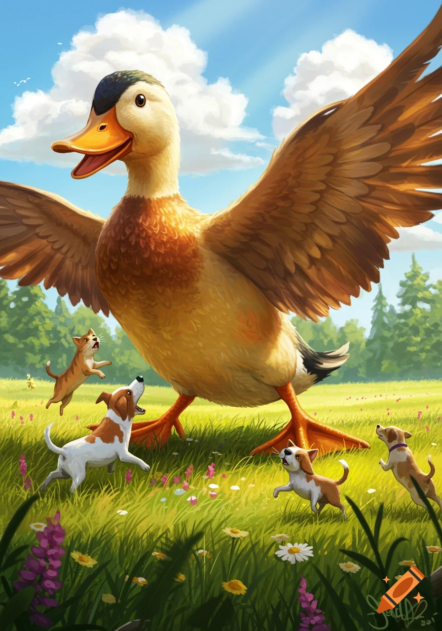 A gigantic cartoon duck with wings spread stands in a grassy field, with small dogs and a cat reacting to its presence.