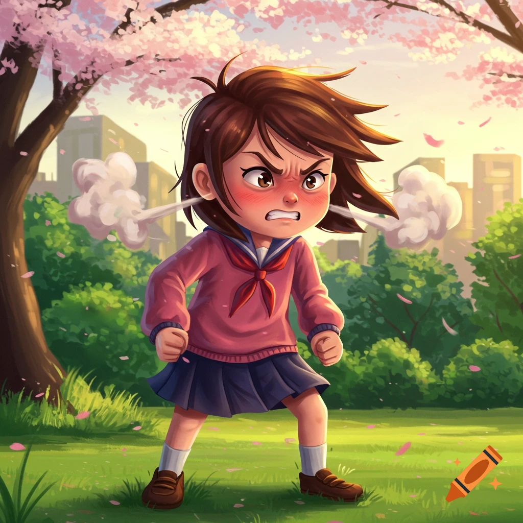 An angry little anime girl with a red face and steam coming from her ears stands in a park under cherry blossom trees.