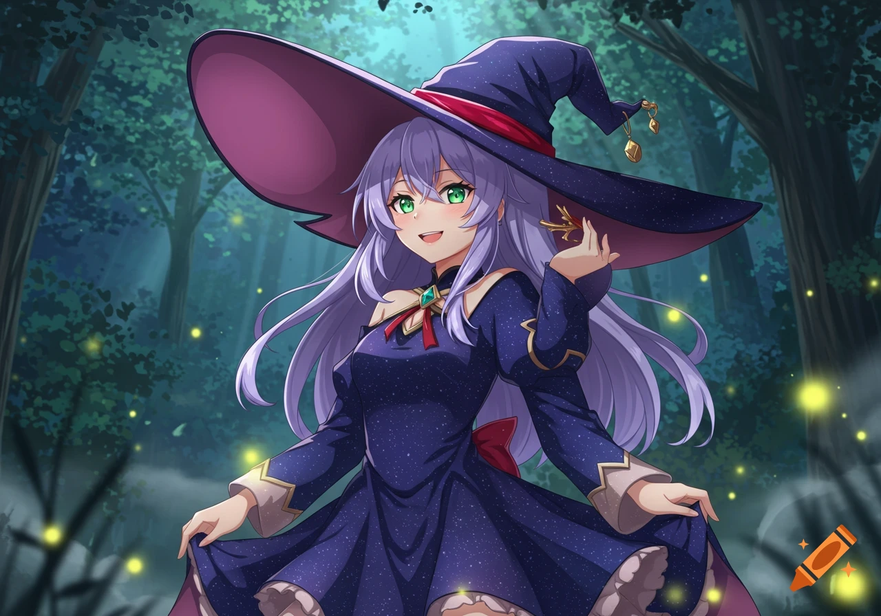 An anime witch girl with purple hair and green eyes, smiling in a dark blue starry dress and hat in a forest with fireflies.