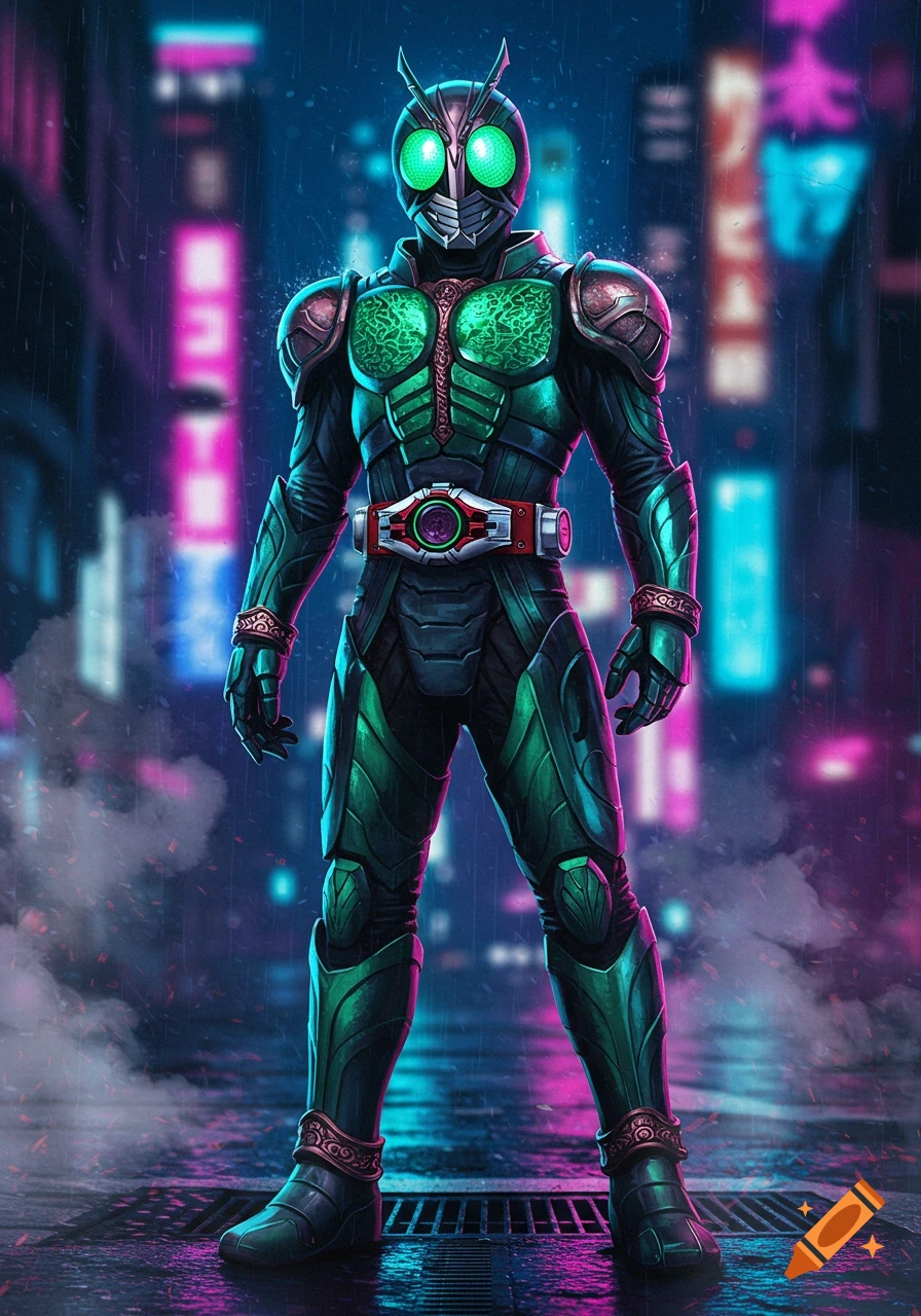 A superhero in green and black armored suit with glowing green eyes stands on a rainy street at night, illuminated by neon city lights.