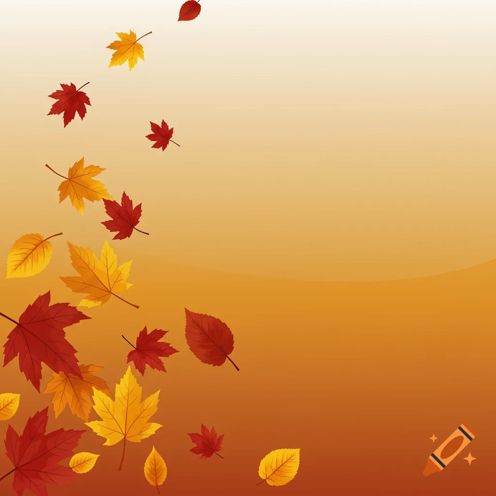 Red and yellow autumn leaves falling against an orange gradient background in a vector art style.