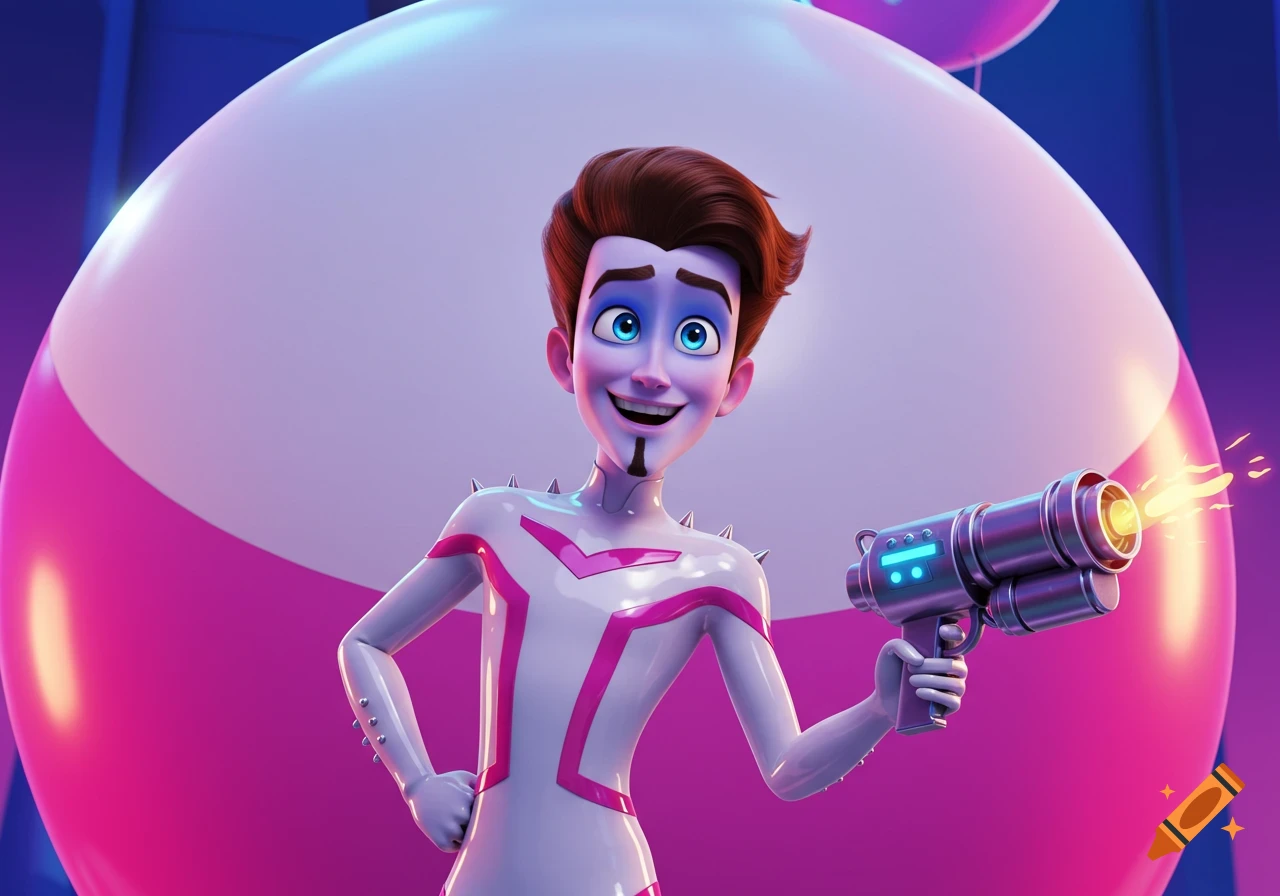 Smiling 3D animated character in white and pink latex suit holds a firing laser gun in front of a giant balloon.