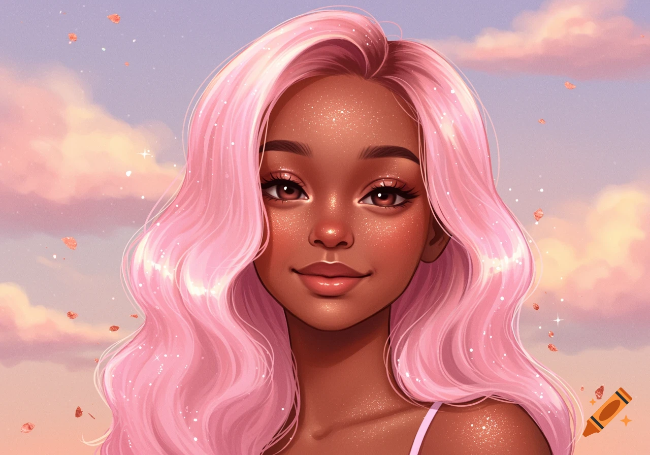 A digital illustration of a young woman with brown skin, long pink wavy hair, and glitter on her face, against a pastel cloudy sky.