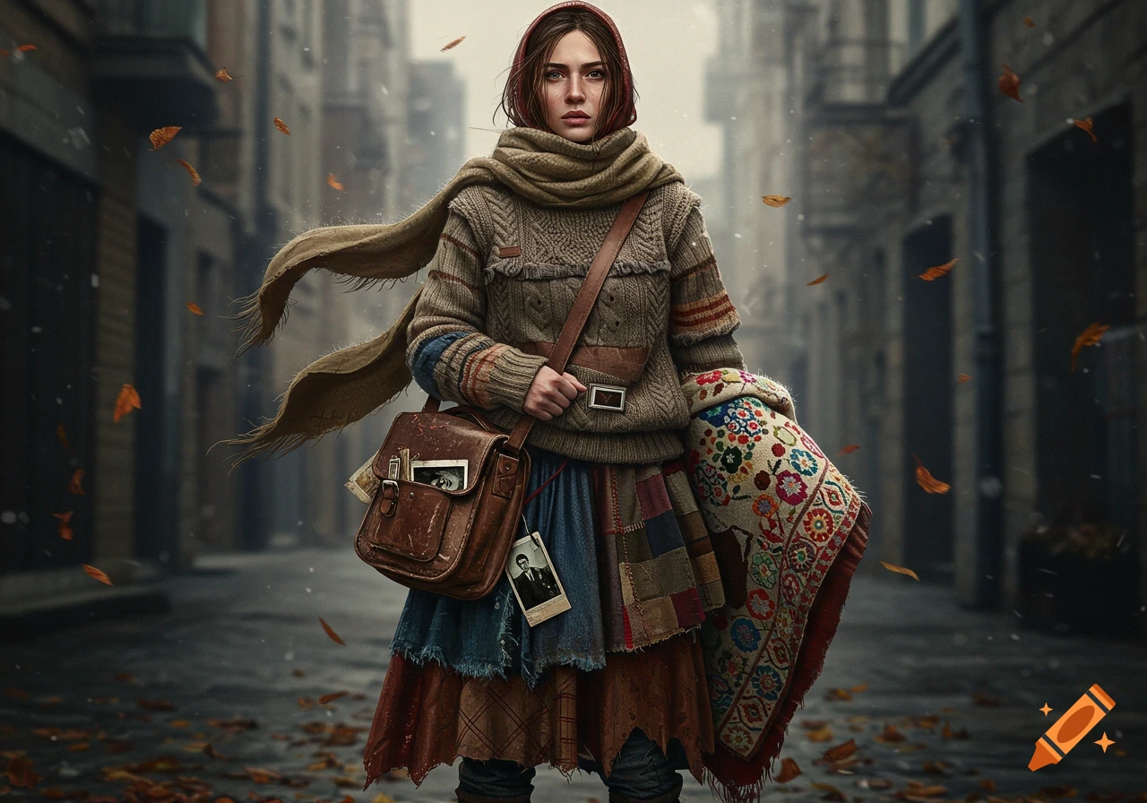 A woman in layered, worn clothing and a red headscarf stands on a street with falling leaves, holding a leather bag and a colorful blanket.