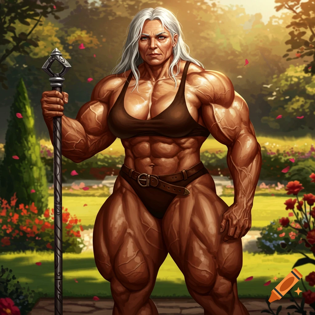 A massively muscular older woman with white hair, wearing a brown sports bra and briefs, stands holding a staff in a sunlit garden.
