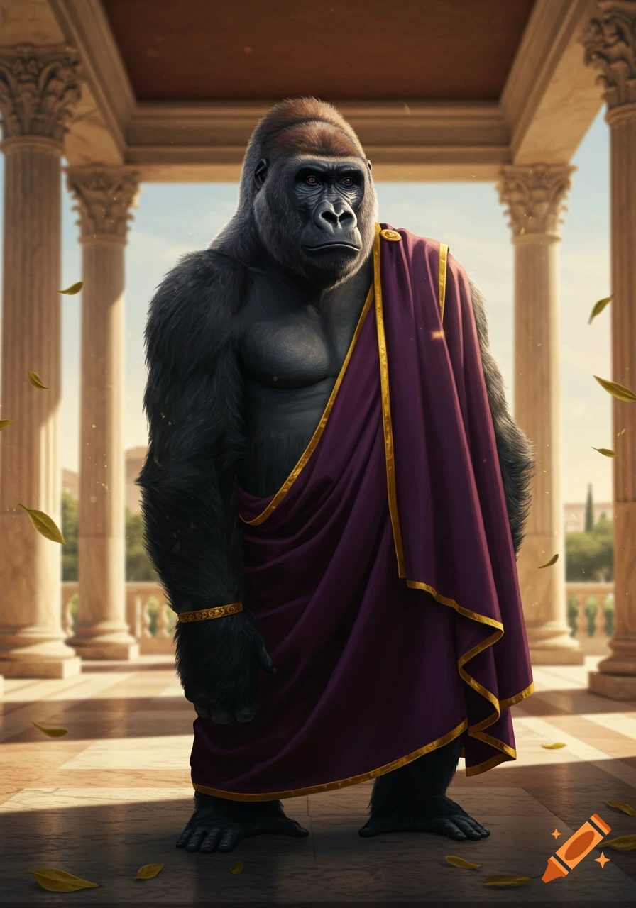 A powerful, photorealistic gorilla wearing a purple and gold Roman toga stands under a classical archway with falling golden leaves.