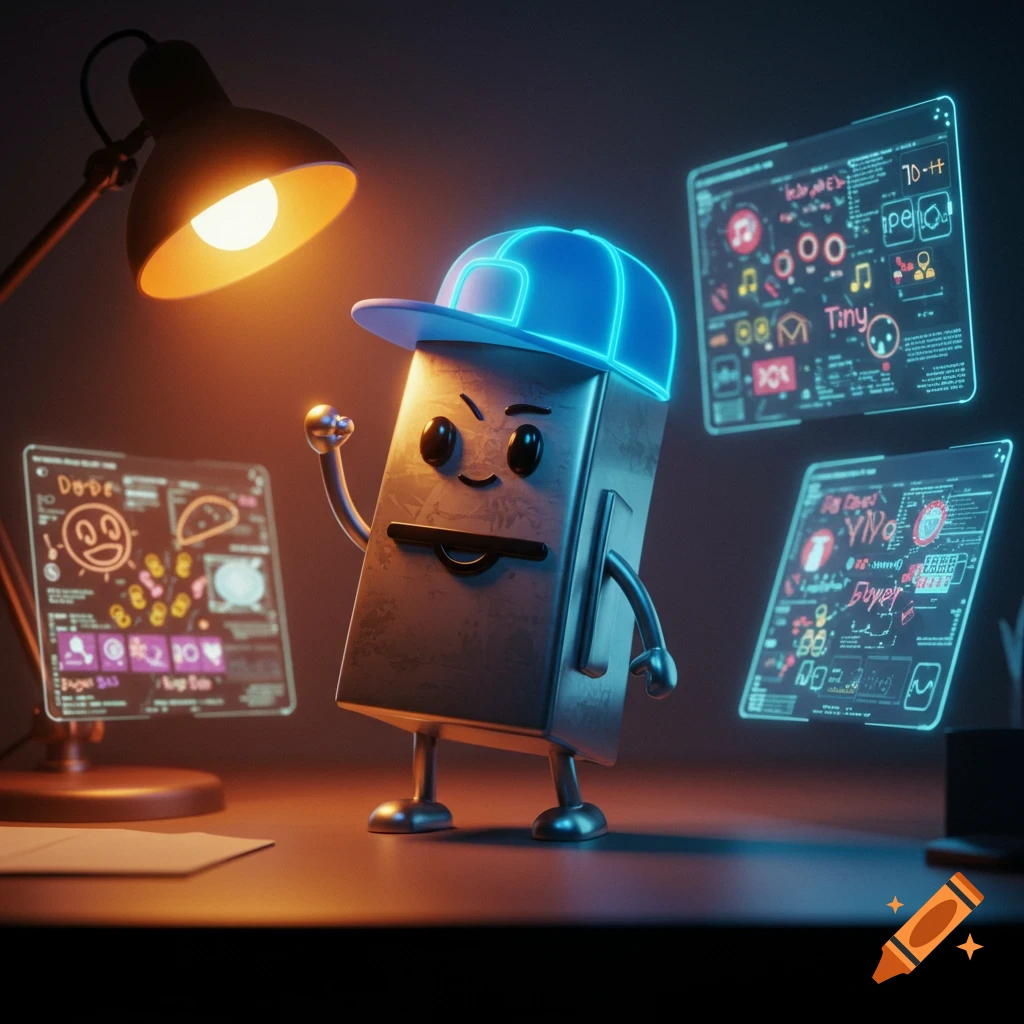 An anthropomorphic paperclip character with a smiling face and a backwards blue baseball cap stands at a desk with glowing screens.