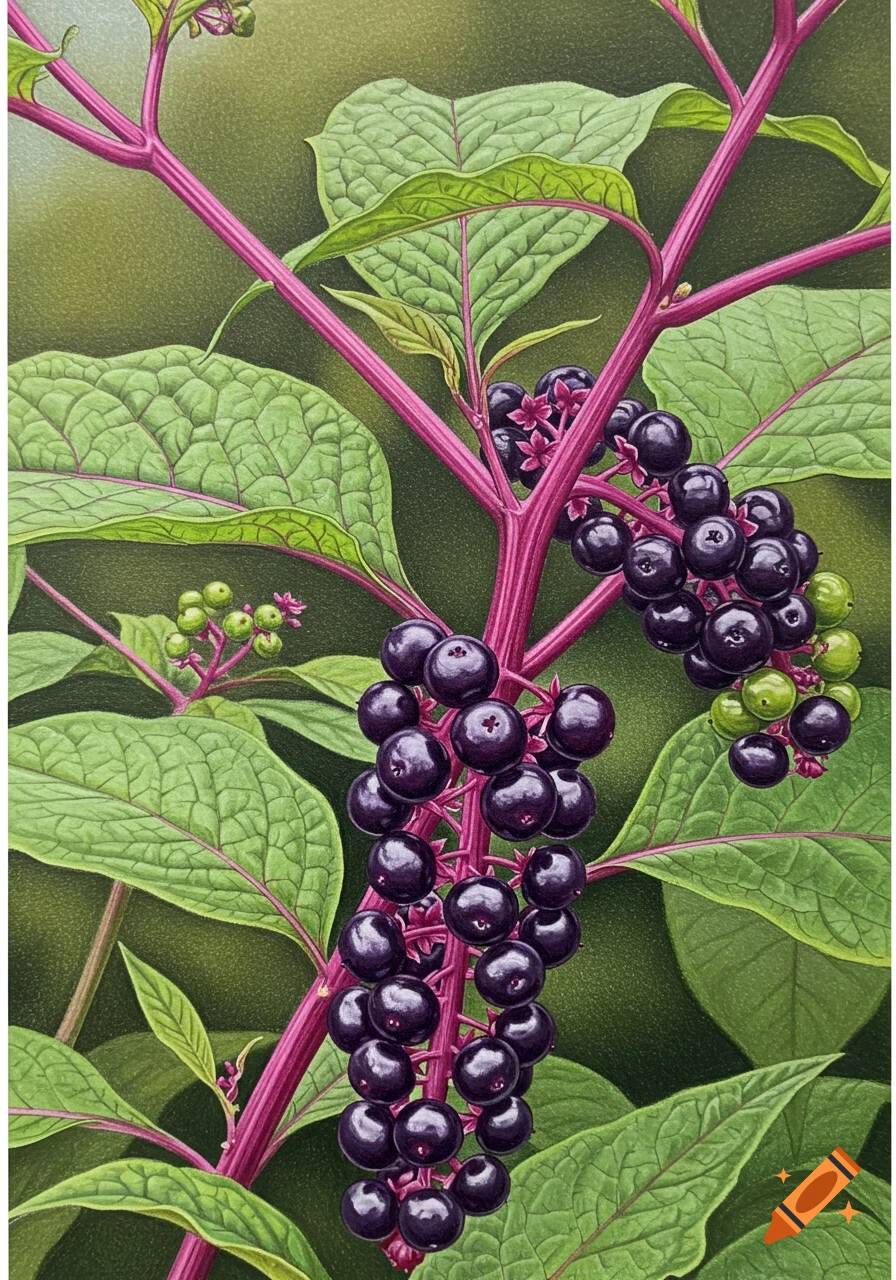 A vibrant colored pencil illustration of a pokeweed plant with purple berries and green leaves.