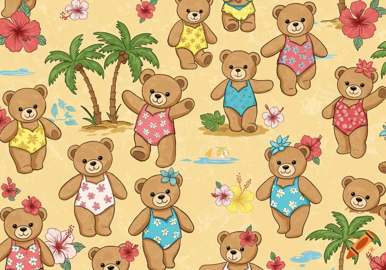 Cute cartoon pattern of teddy bears in colorful swimsuits with tropical palm trees and hibiscus flowers on a textured yellow background.