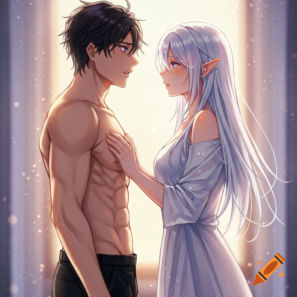 Anime man with dark hair and shirtless, looking at an elf woman with long white hair in a white dress, her hand on his chest.
