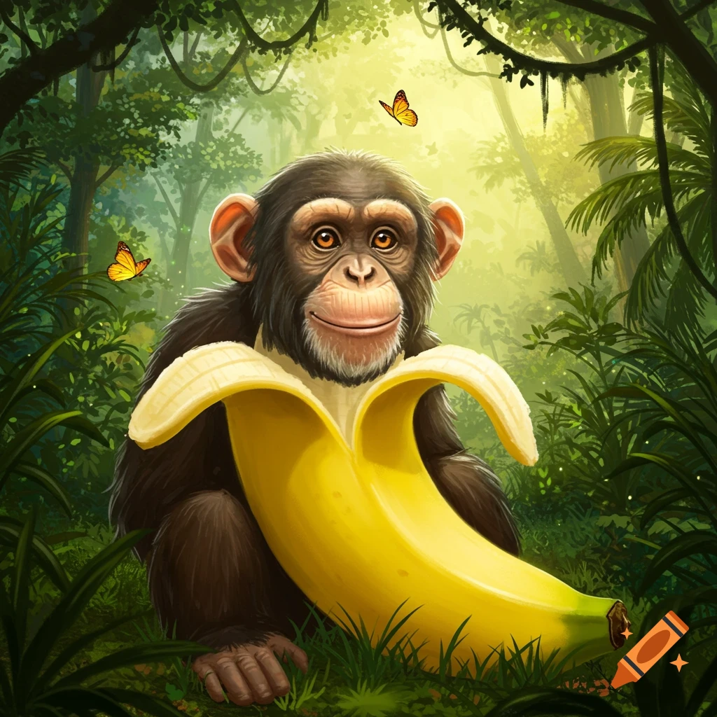 A smiling chimpanzee sits in a lush green jungle, holding a large, partially peeled banana. Two orange butterflies flutter nearby.
