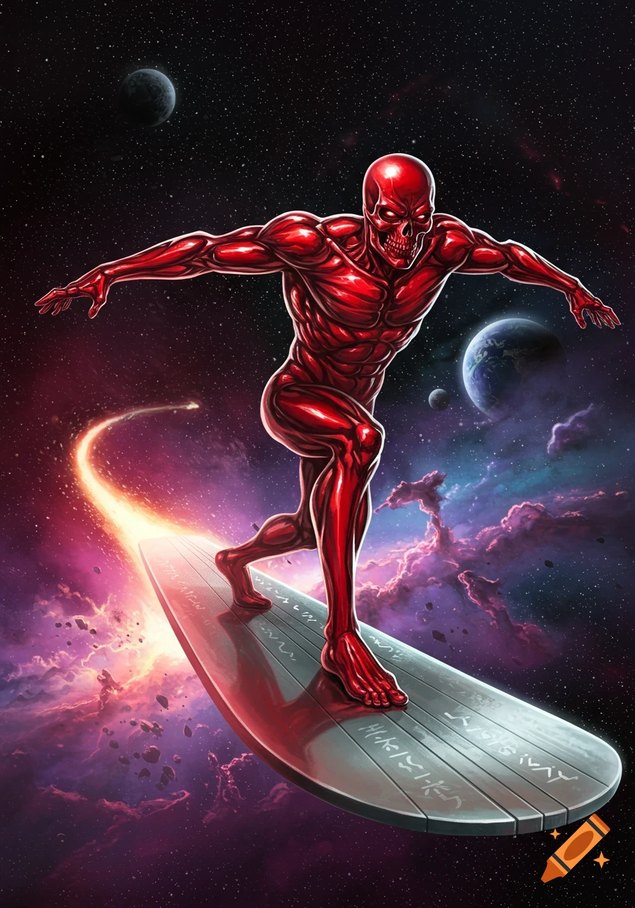 A red skeletal figure with glowing eyes, resembling a muscular human, surfs on a silver board through vibrant cosmic clouds and stars with distant planets.