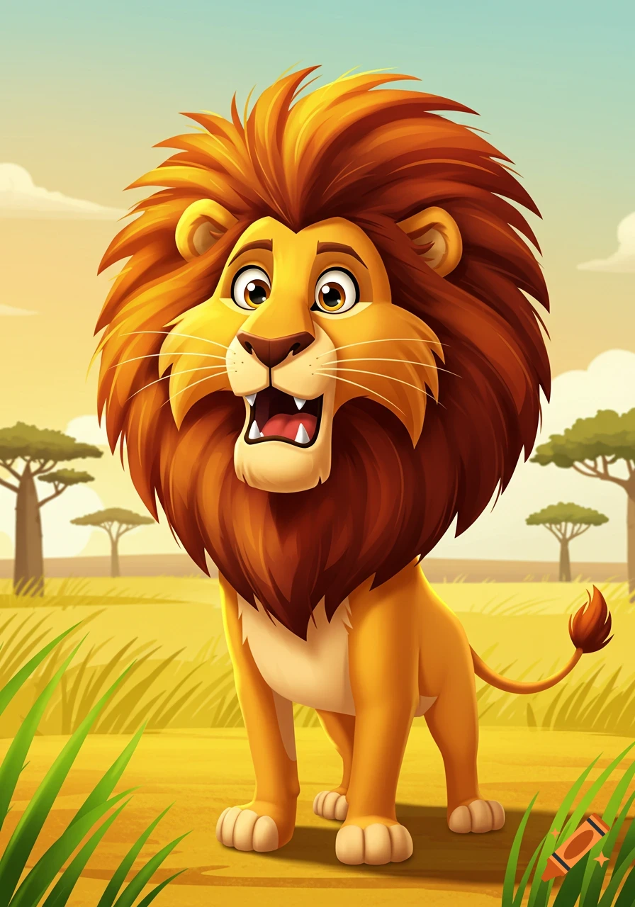 A friendly cartoon lion with a big mane stands in a grassy savannah under a bright sky.