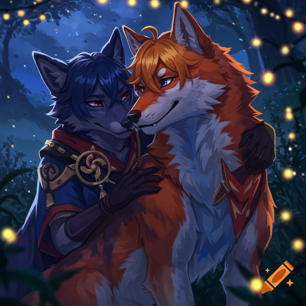 Two furry characters, one dark blue and one orange, embrace in a magical forest lit by fireflies at night, in an anime art style.