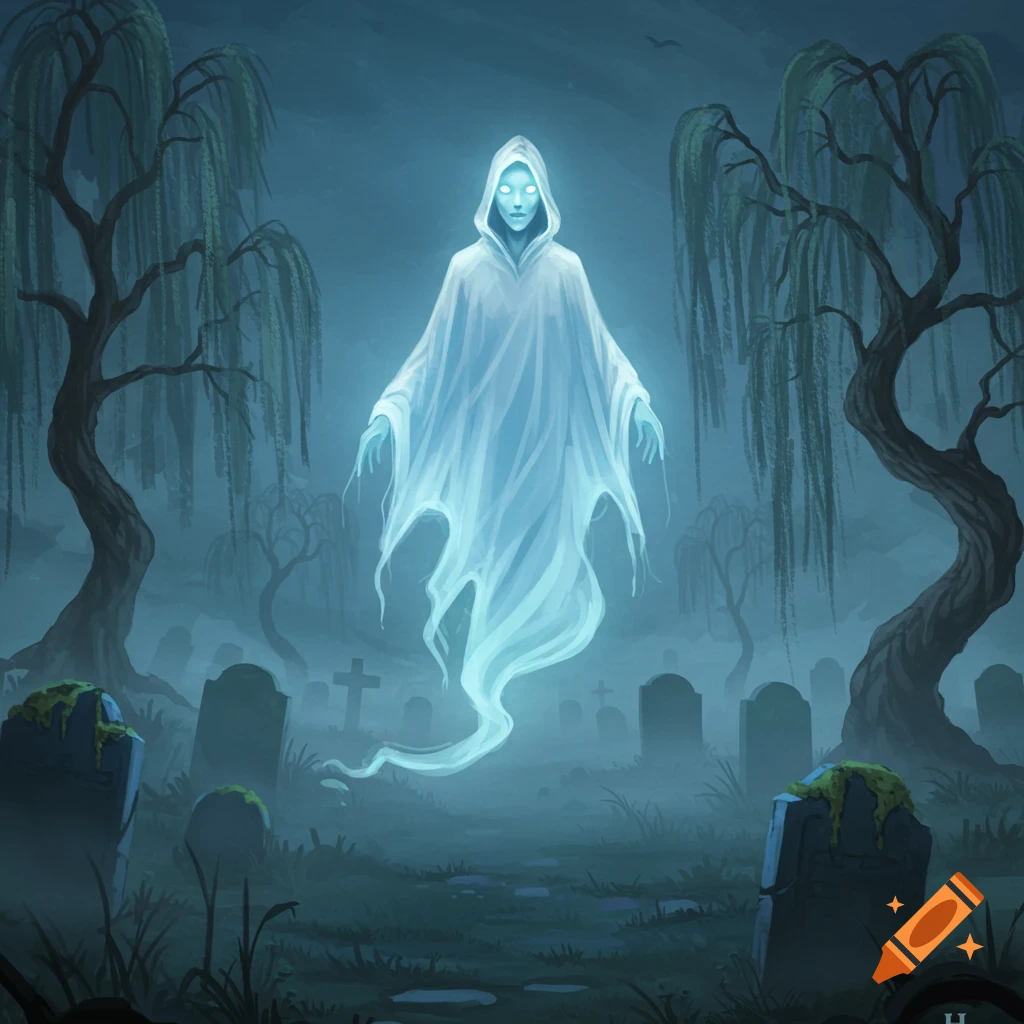 A glowing ghostly figure in a white robe floats above tombstones in a foggy graveyard at night, with weeping willow trees.