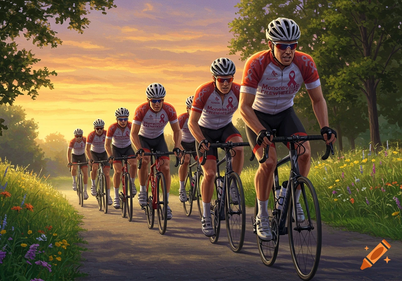 A group of cyclists in red and white jerseys with a pink ribbon logo ride bicycles on a path through a field at sunset.