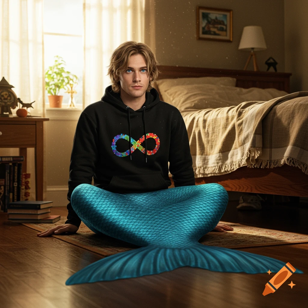 Photorealistic merman with blond hair and blue eyes, wearing a black hoodie with an autism infinity symbol, sitting on a bedroom floor.