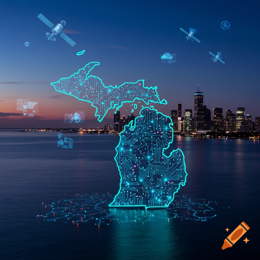A glowing circuit board map of Michigan floats over water with a city skyline at dusk, surrounded by satellites and data clouds.