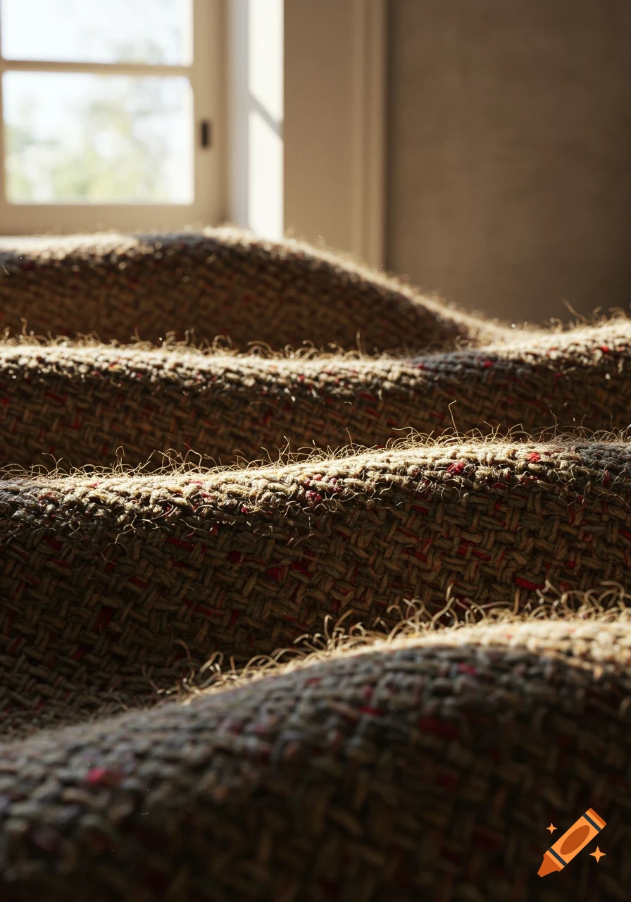 Close-up of rippling textured tweed fabric with red flecks, illuminated by sunlight from a window in the background.