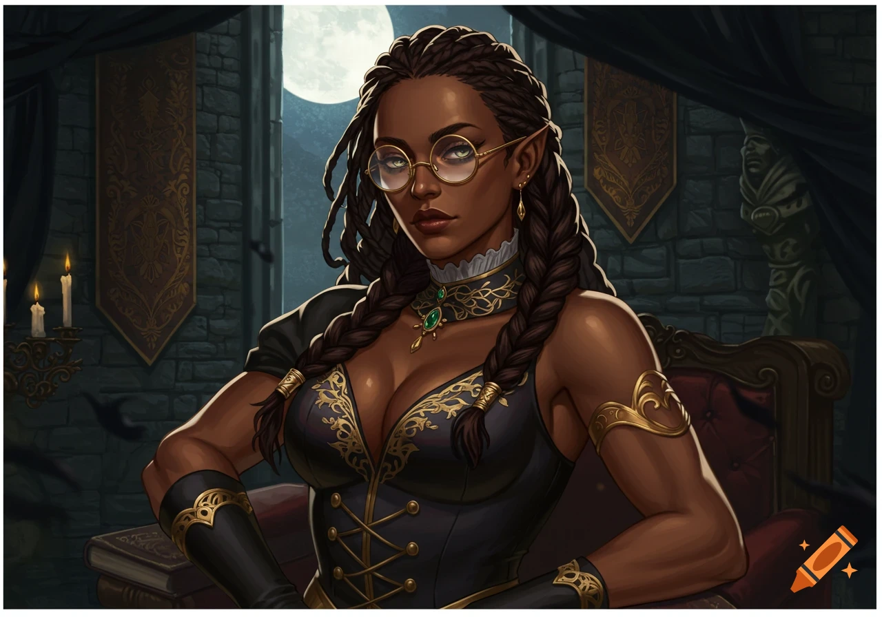 An anime-style fantasy illustration of a dark-skinned woman with braided hair, glasses, and pointed ears, wearing a black and gold ornate outfit in a gothic setting.
