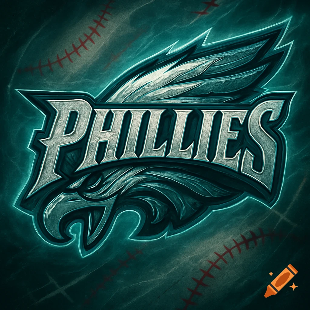 Stylized Philadelphia Phillies logo with an eagle's head, glowing turquoise, on a dark background with baseball stitches.