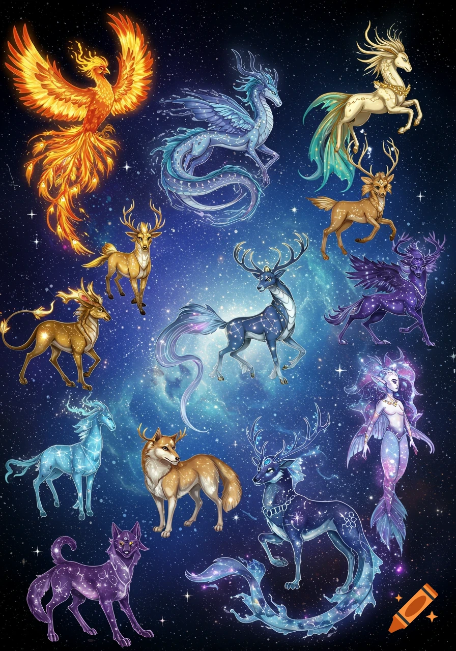 A vibrant illustration of diverse celestial mythical creatures, including a phoenix, dragons, deer, wolf, and a mermaid, set against a starry cosmic background.