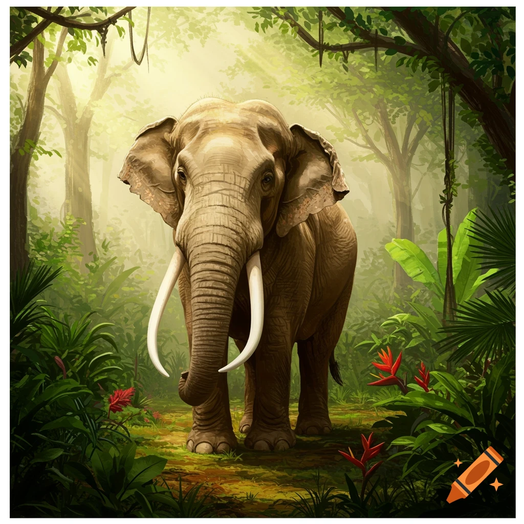 An elephant stands in a lush, sunlit jungle, surrounded by green foliage and red flowers.