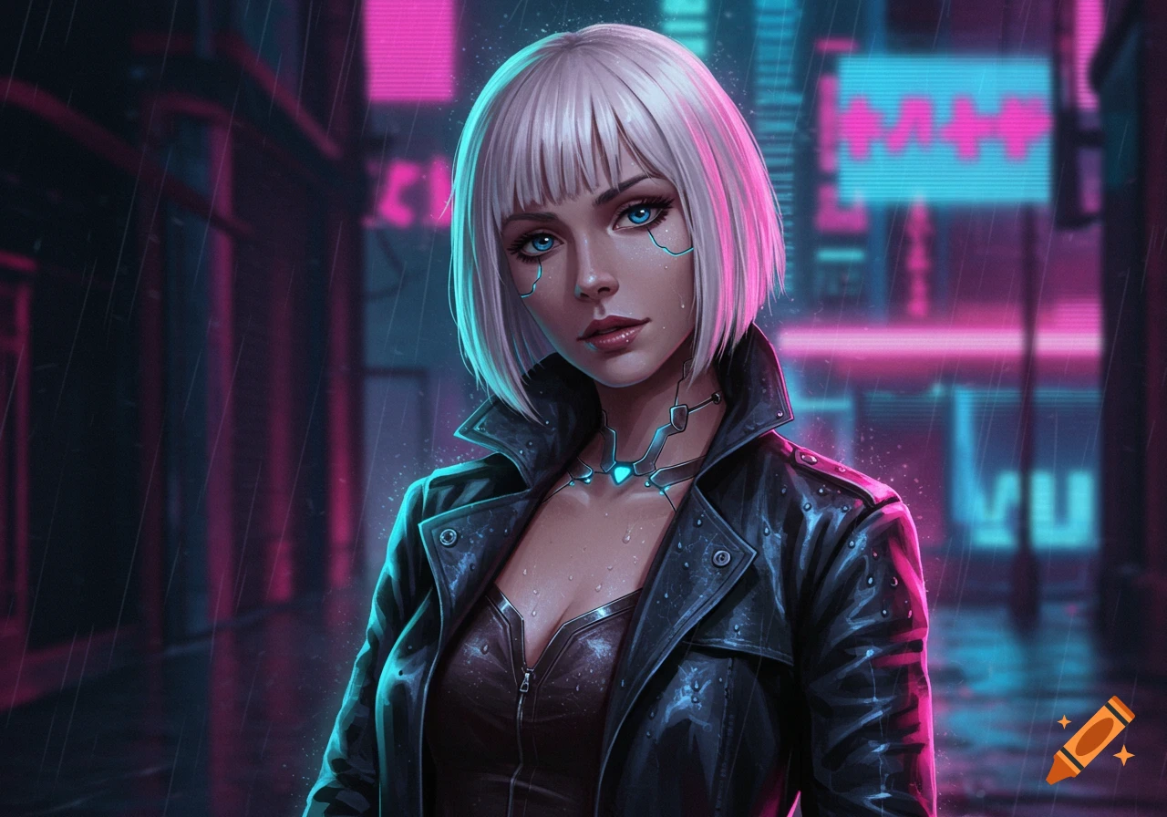 A short-haired woman with bright blue eyes and glowing facial implants wears a leather jacket in a rainy cyberpunk city with neon lights.