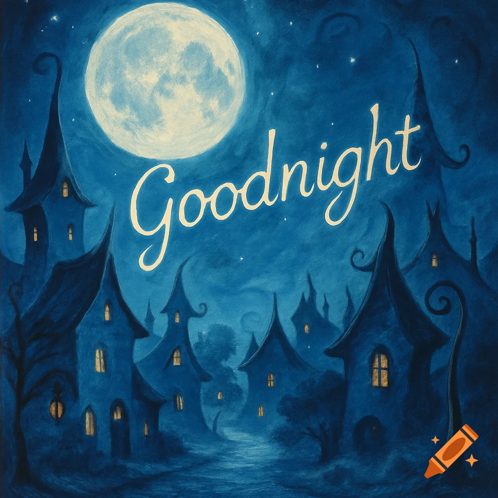 A dreamy illustration of a surreal blue village at night under a full moon with the word 'Goodnight' in the sky.