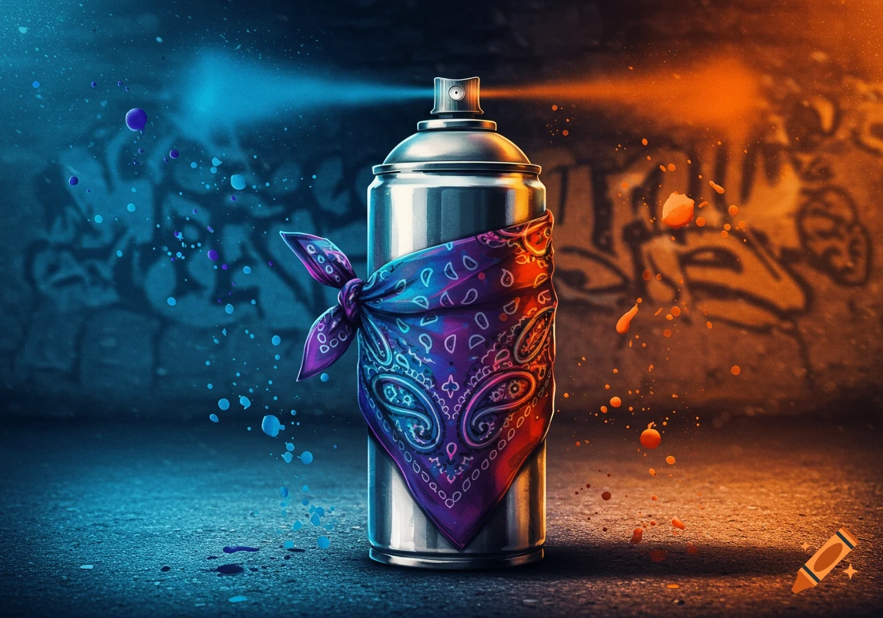 A metallic spray can wrapped in a colorful bandana, spraying blue and orange paint onto a graffiti-covered wall, with paint splatters on the ground.