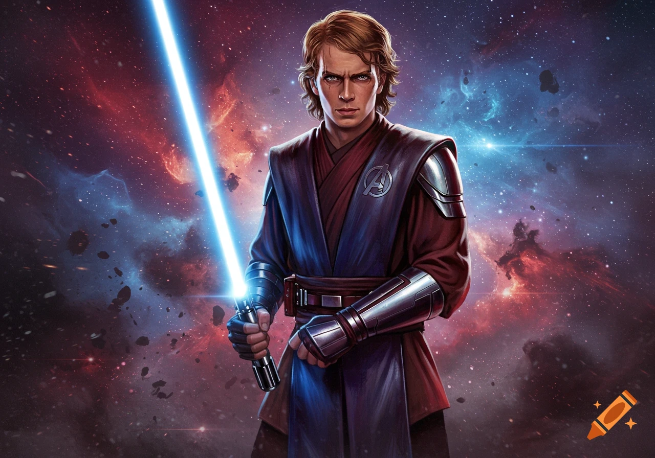 Anakin Skywalker in Jedi-inspired battle armor with an Avengers symbol, holding a blue lightsaber in space.