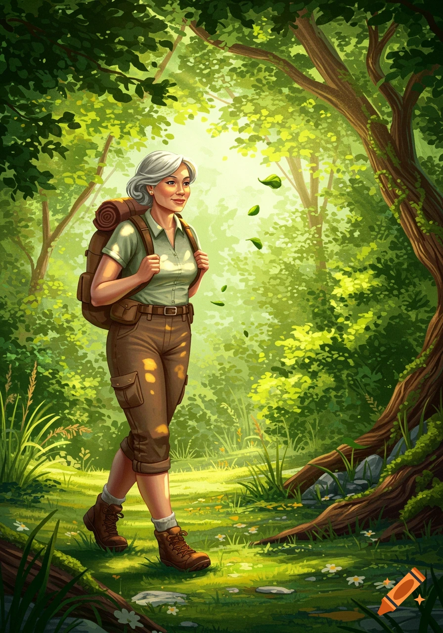 An illustration of a confident older woman with a backpack hiking through a lush green forest with sunlight filtering through the trees.