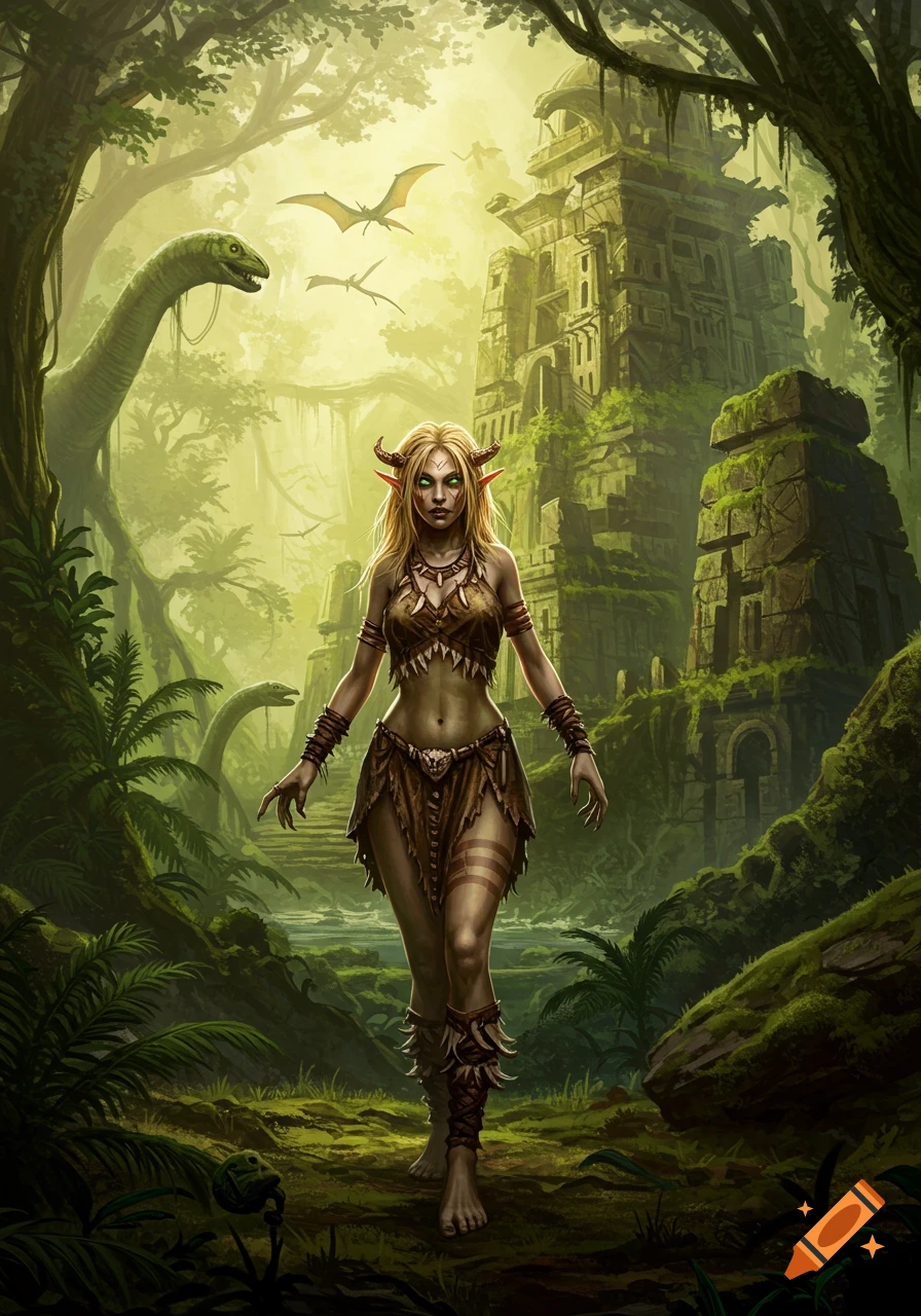 A horned blonde female in a tribal outfit walks through a lush jungle with ancient ruins, dinosaurs, and flying creatures in the background.