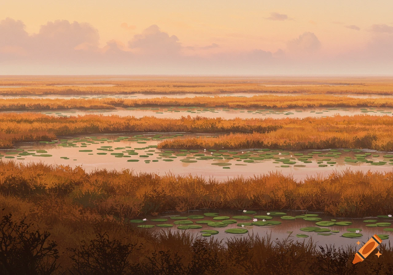 A golden wetland at dawn with numerous lilypads floating on calm water under a soft, orange sky, digital painting.