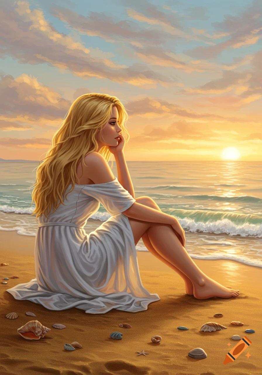 A blonde woman in a white dress sits on a sandy beach looking out at the ocean during sunset, with scattered seashells.