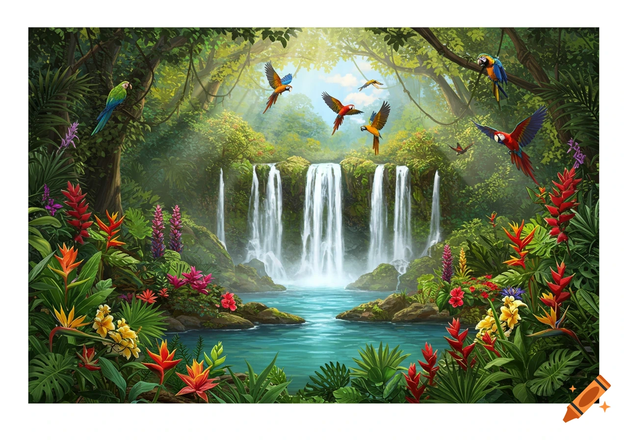Vibrant tropical jungle with lush foliage, multiple cascading waterfalls, and colorful parrots flying and perched on branches.