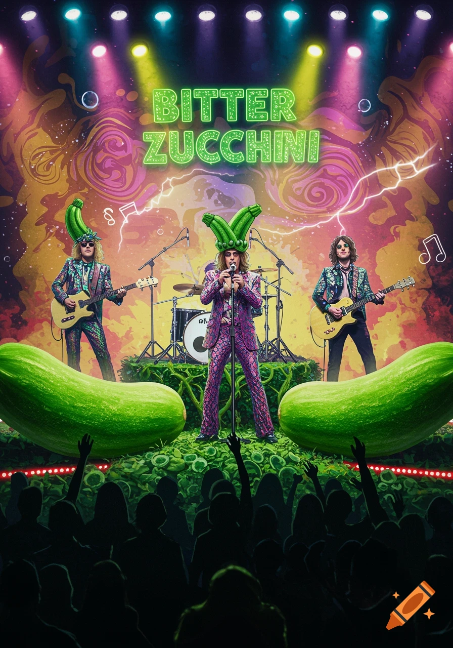 A band named Bitter Zucchini performs on a colorful stage, wearing zucchini hats, with large zucchini props.