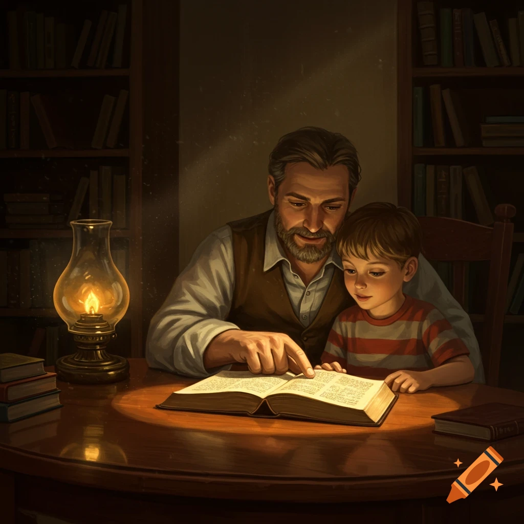 A father and son read a book together by the warm light of an oil lamp in a dimly lit library, digital painting.