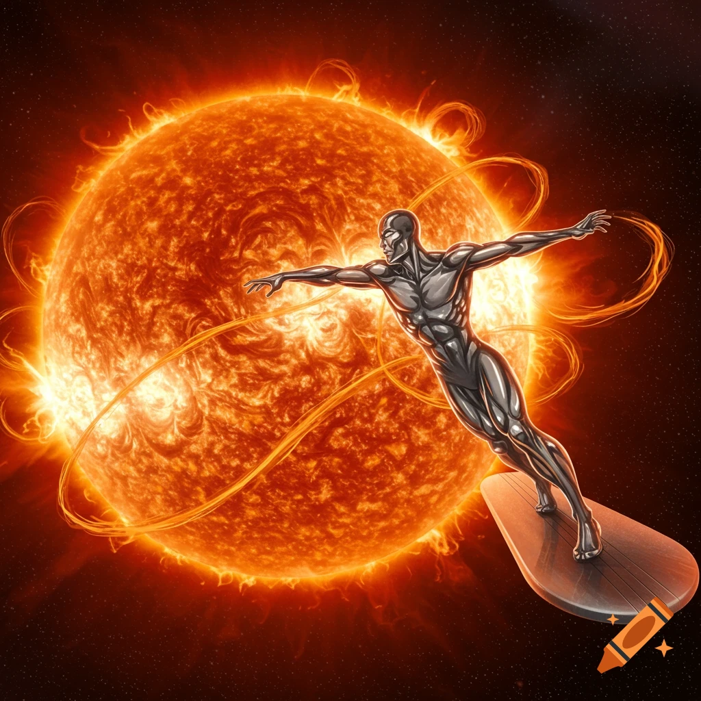 A silver-skinned superhero on a surfboard flies past a massive, fiery orange sun in space.
