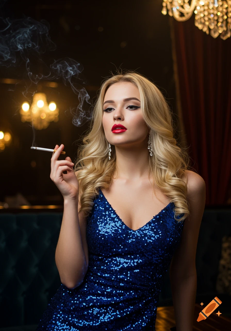 A photorealistic portrait of a young blonde woman in a blue sequin dress, holding a lit cigarette with smoke rising, in a dimly lit, elegant room.