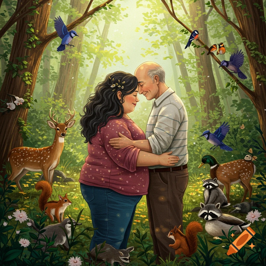 An elderly, happy couple embraces in a lush, green forest, surrounded by deer, raccoons, squirrels, blue jays, and ducks in an illustrative style.