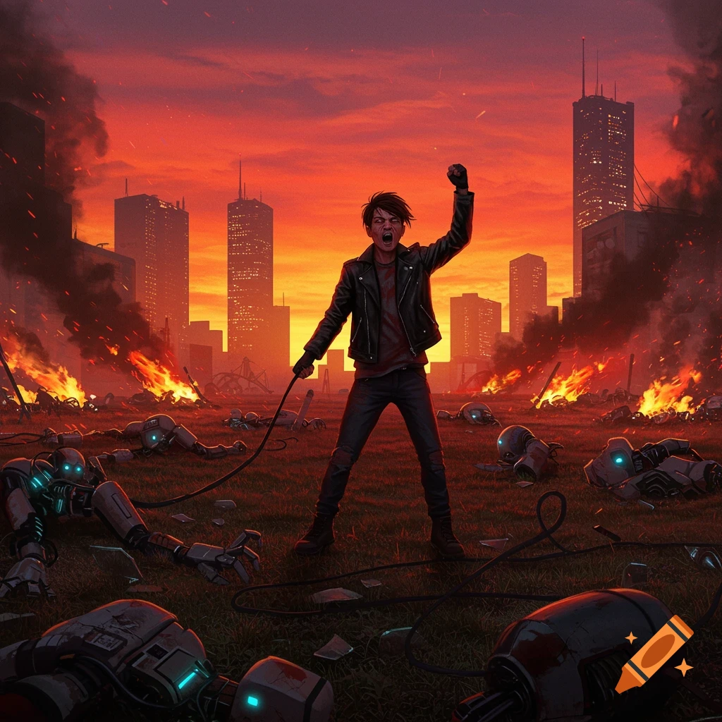 A person stands triumphantly in a post-apocalyptic cityscape at sunset, surrounded by destroyed robots and fires, holding a whip.