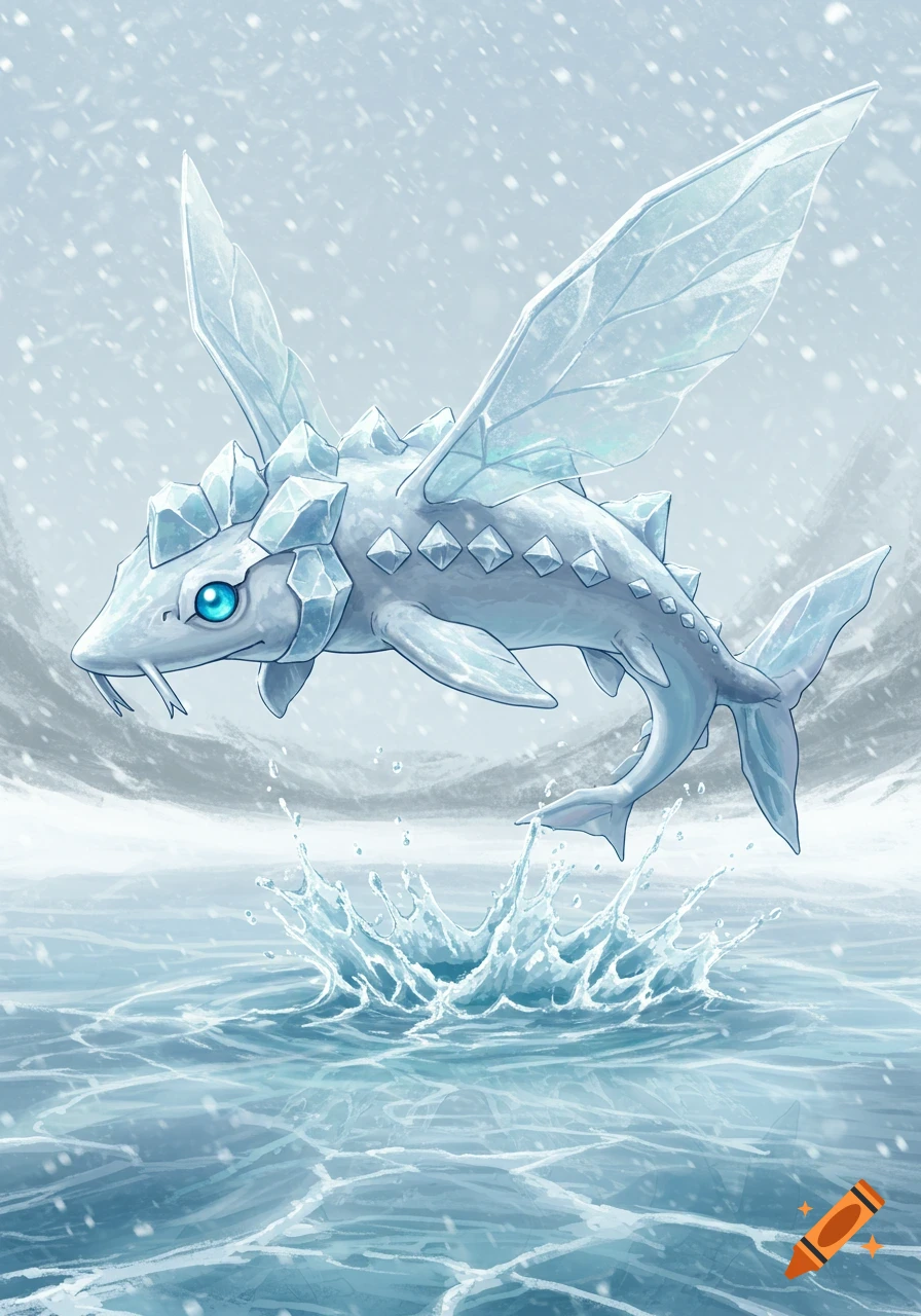 An icy blue sturgeon-like creature with ice wings and armor jumps from frozen water in a snowy landscape, in a fantasy illustration style.