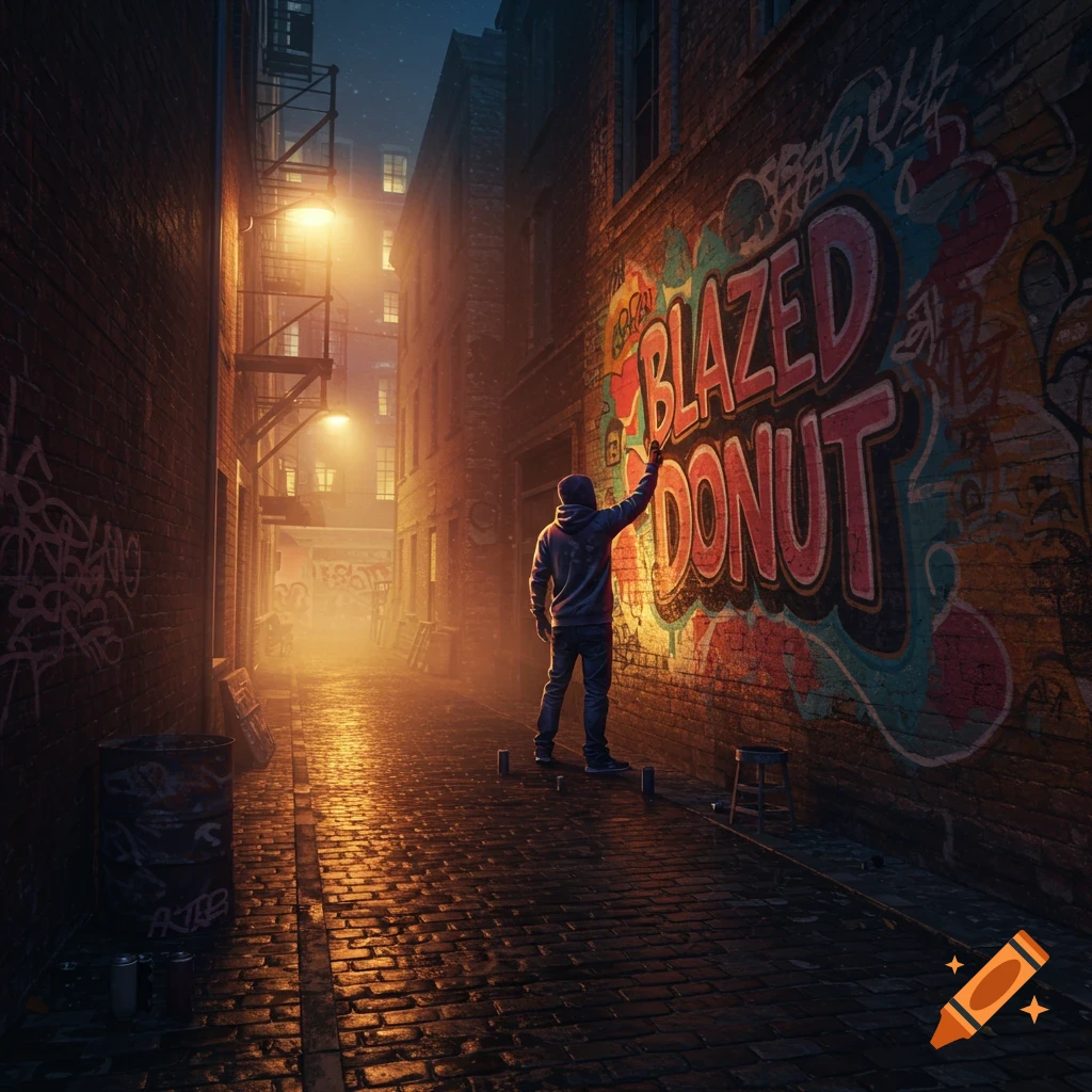 A person spray-painting "BLAZED DONUT" graffiti on a brick wall in a dimly lit city alley at night, with streetlights illuminating the scene.