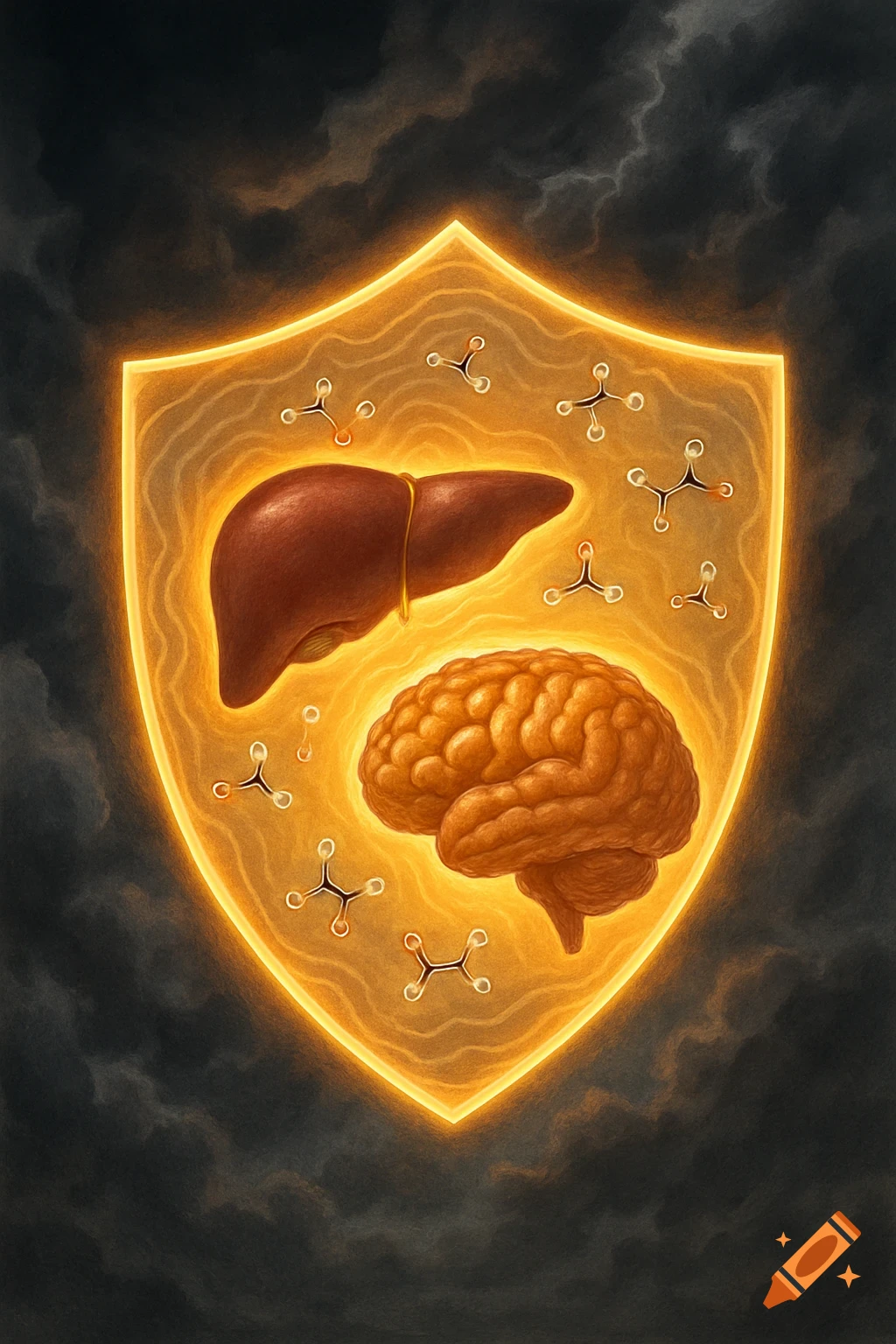 A golden shield with a liver and brain inside, molecular patterns, against a dark stormy background.